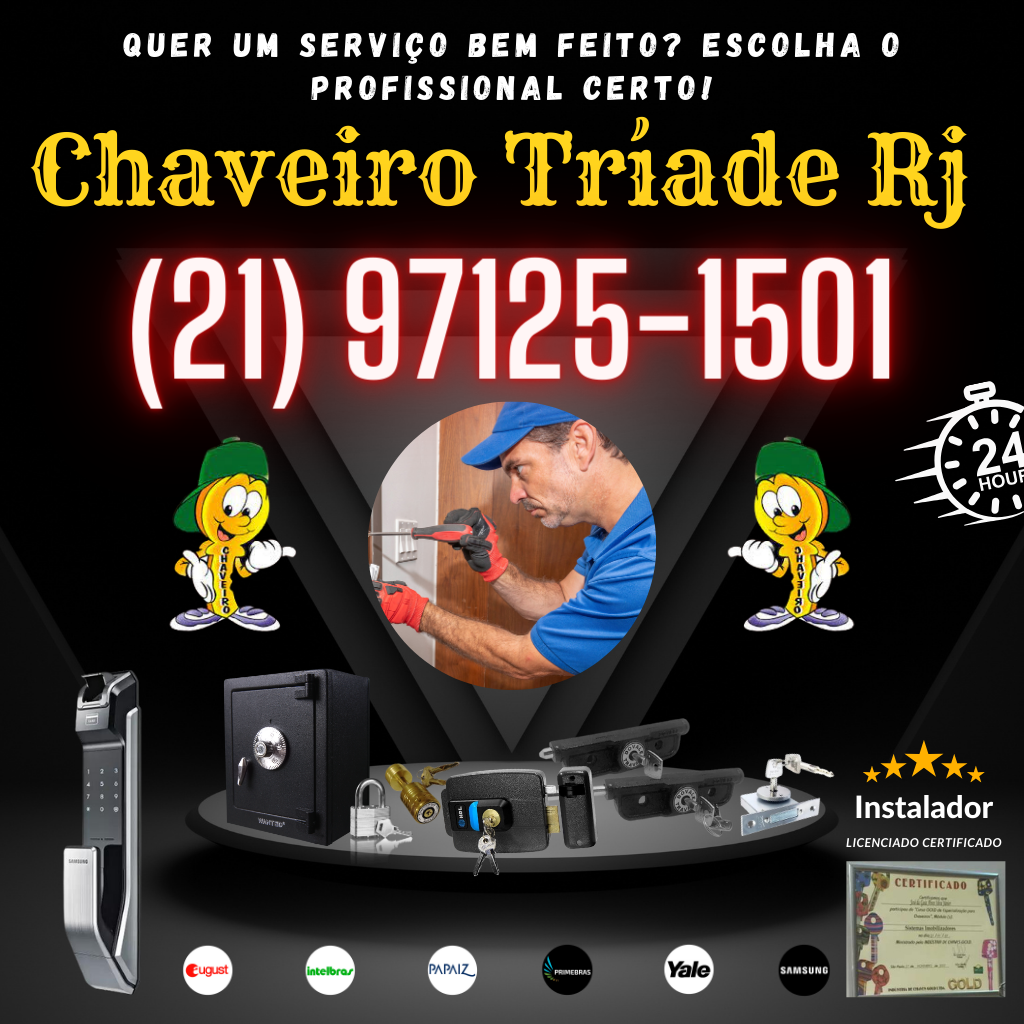 Chaveiro Tríade RJ 24 Horas Chaveiro Rio de Janeiro 24 Horas Profissional Aberturas de Portas, Cofres, Tetra, Blindadas, Multiponto, Cadeados de Chão, Portas Automáticas, Porta de Condominio, Fechaduras Digitais e Eletrônicas.